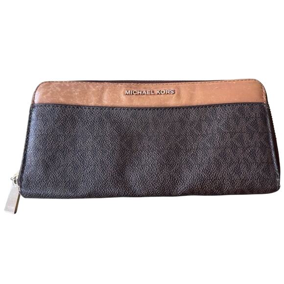 MICHAEL KORS Mercer 'MK' Logo Continental Zip Around Wallet in Brown, Vintage - Picture 1 of 9